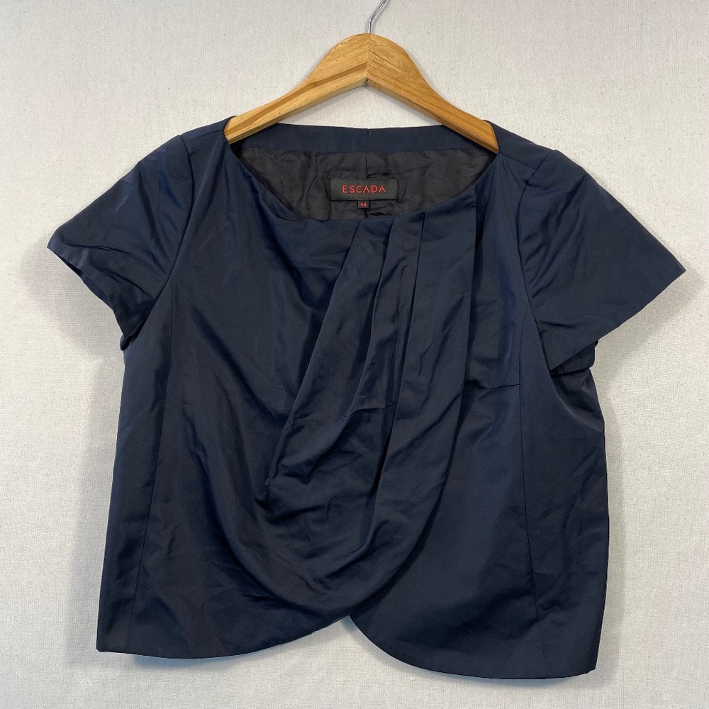 ESCADA Women’s XS Navy Blue Pleated Cross Over Cropped Tulip Hem Jacket Top